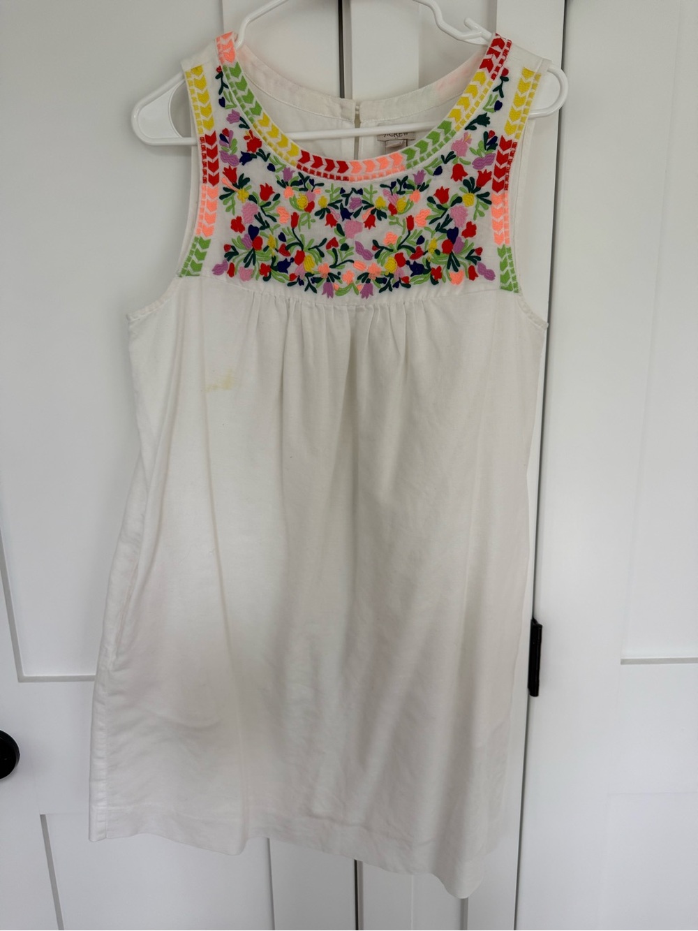 J. Crew Factory White Cotton &Linen Blend Dress with Multicolor Embroidery